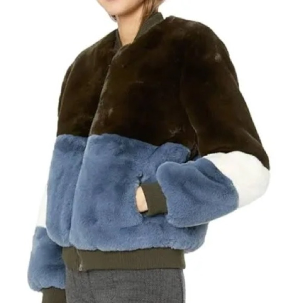Apparis Faux Fur Olive Green, Blue & White Bomber Jacket